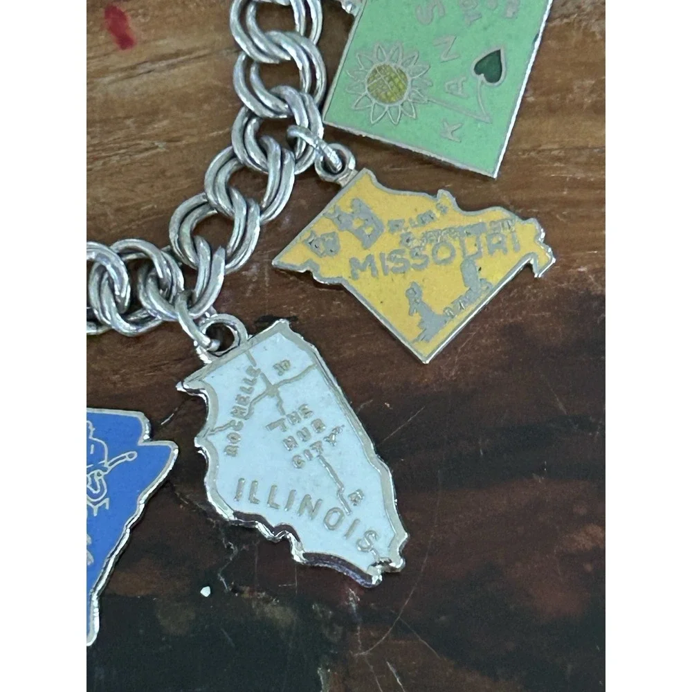 Vintage Sterling And Enamel USA States Charms Double Curb Bracelet Small